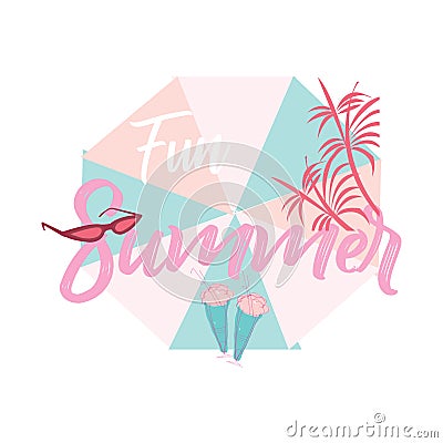 Fun summer banner. Juicy colors. Summer composition with an umbrella, sun glasses, palm ,ice creams Stock Photo